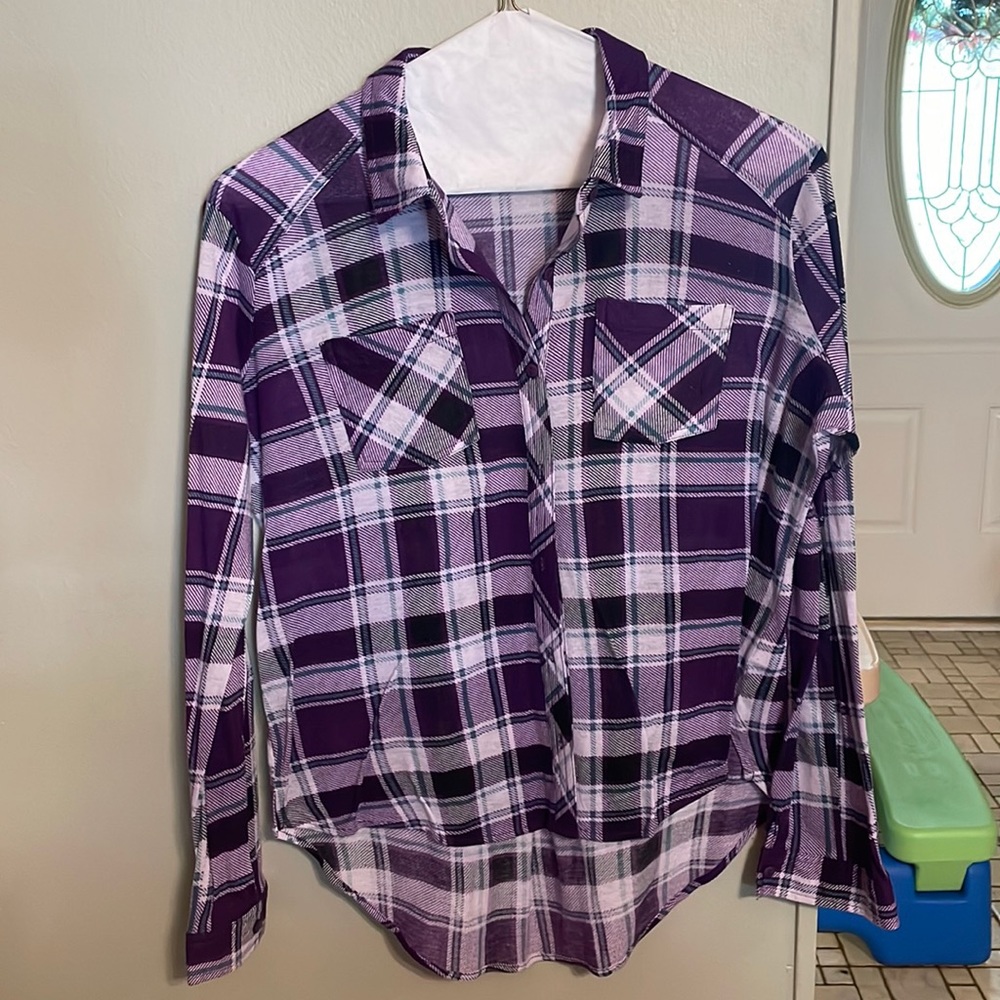 Soft & thin purple plaid collared shirt